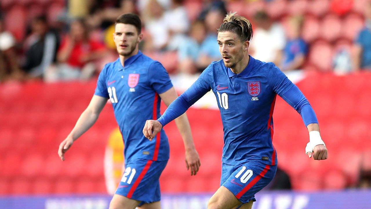 England's Jack Grealish (right) and Declan Rice during the international friendly match at Riverside Stadium, Middlesbrough. Picture date: Sunday June 6, 2021.