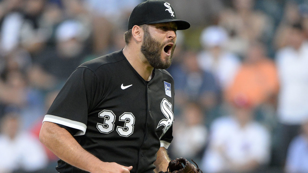 CHICAGO - JUNE 03: Lance Lynn #33 of the Chicago White Sox reacts after getting out of a bases loaded jam against the Detroit Tigers on June 3, 2021 at Guaranteed Rate Field in Chicago, Illinois.