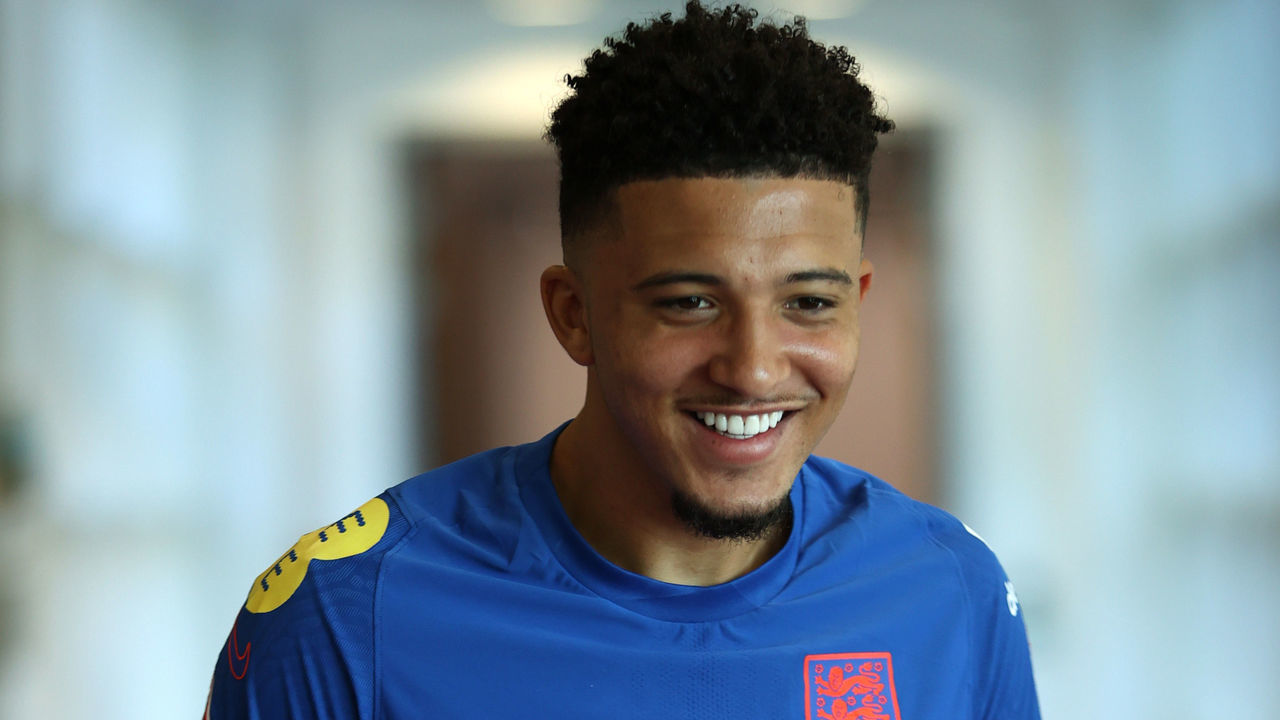 BURTON UPON TRENT, ENGLAND - JUNE 09: Jadon Sancho of England looks on at St George's Park on June 09, 2021 in Burton upon Trent, England.