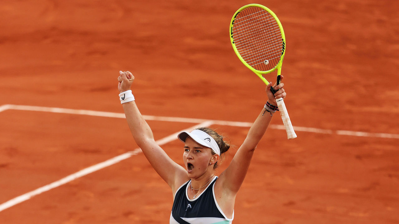 PARIS, FRANCE - JUNE 10: Barbora Krejcikova of The Czech Republic celebrates match point in her Semi-Final Women's Singles match against Maria Sakkari of Greece during Day Twelve of the 2021 French Open at Roland Garros on June 10, 2021 in Paris, France.