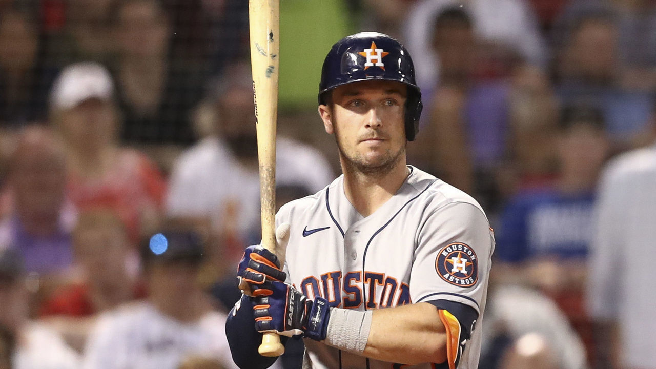 BOSTON, MA - JUNE 8: Alex Bregman #2 of the Houston Astros bats during a game against the Boston Red Sox at Fenway Park on June 8, 2021 in Boston, Massachusetts.