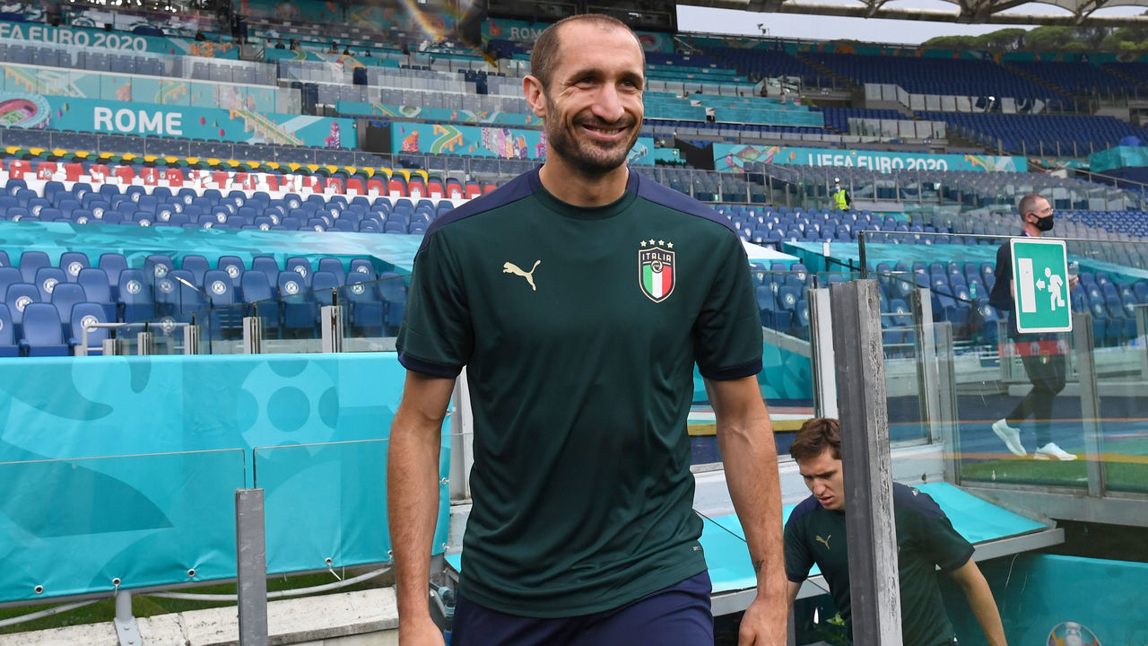 ROME, ITALY - JUNE 10: Giorgio Chiellini of Italy arrives during thetraining sessionahead of the UEFA Euro 2020 Group A match between Italy and Turkey at Olimpico Stadium on June 10, 2021 in Rome, Italy.