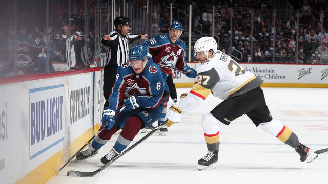 DENVER, COLORADO - JUNE 08: Cale Makar #8 of the Colorado Avalanche skates against Shea Theodore #27 of the Vegas Golden Knights in Game Five of the Second Round of the 2021 Stanley Cup Playoffs at Ball Arena on June 08, 2021 in Denver, Colorado.