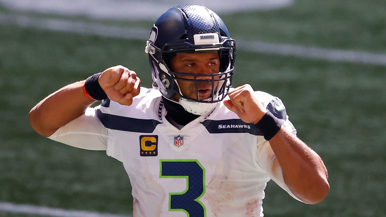 ATLANTA, GEORGIA - SEPTEMBER 13: Russell Wilson #3 of the Seattle Seahawks reacts after a rushing touchdown in the fourth quarter against the Atlanta Falcons at Mercedes-Benz Stadium on September 13, 2020 in Atlanta, Georgia.