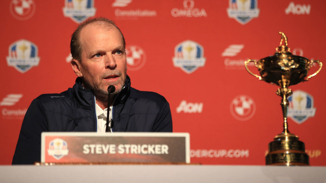 KOHLER, WISCONSIN - OCTOBER 01: United States Captain Steve Stricker speaks during a press conference for the Ryder Cup 2020 Year to Go media event at Whistling Straits Golf Course on October 1, 2019 in Kohler, United States.
