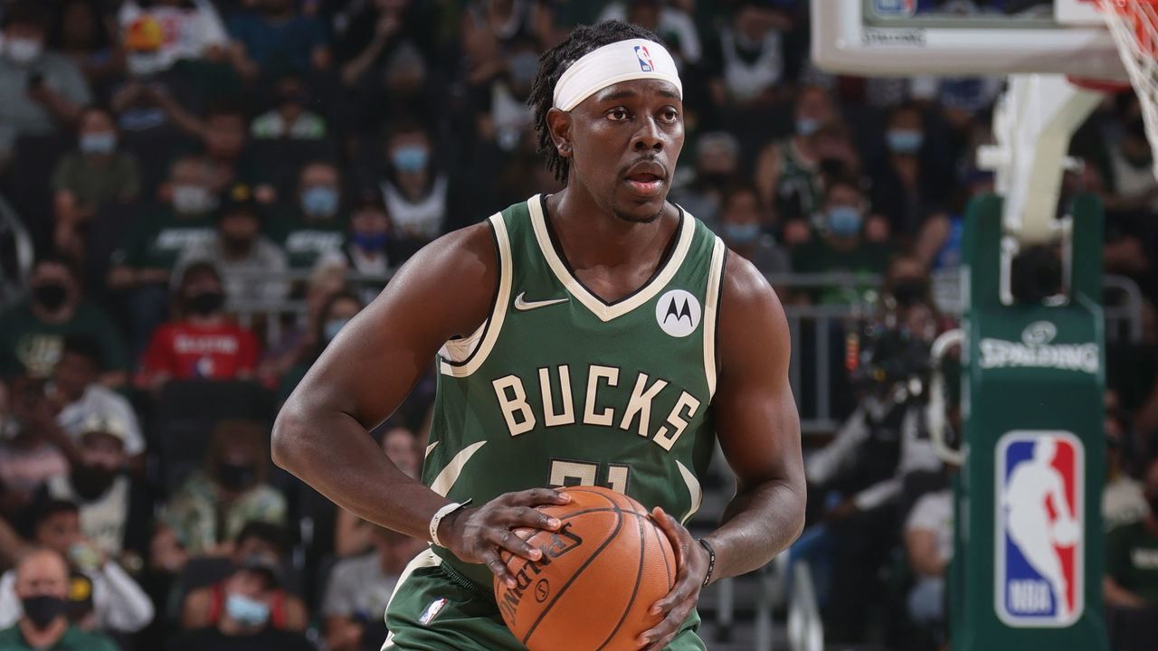 MILWAUKEE, WI - JUNE 10: Jrue Holiday #21 of the Milwaukee Bucks handles the ball against the Brooklyn Nets during Round 2, Game 3 of the 2021 NBA Playoffs on June 10, 2021 at the Fiserv Forum Center in Milwaukee, Wisconsin. Mandatory Copyright Notice: Copyright 2021 NBAE .