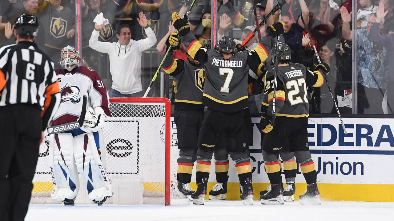 LAS VEGAS, NEVADA - JUNE 10: The Vegas Golden Knights celebrate after a goal by Keegan Kolesar #55 during the second period against the Colorado Avalanche in Game Six of the Second Round of the 2021 Stanley Cup Playoffs at T-Mobile Arena on June 10, 2021 in Las Vegas, Nevada.