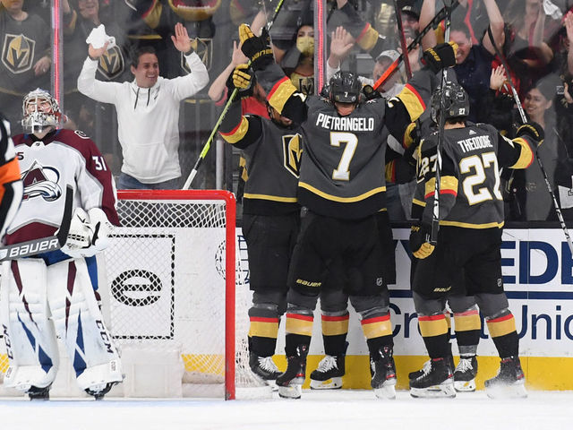 LAS VEGAS, NEVADA - JUNE 10: The Vegas Golden Knights celebrate after a goal by Keegan Kolesar #55 during the second period against the Colorado Avalanche in Game Six of the Second Round of the 2021 Stanley Cup Playoffs at T-Mobile Arena on June 10, 2021 in Las Vegas, Nevada.