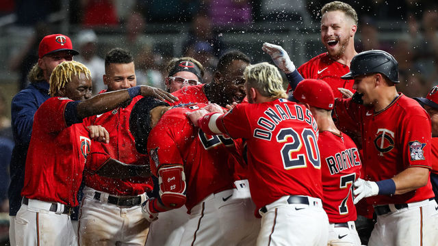 MINNEAPOLIS, MN - JUNE 10: Nelson Cruz #23 of the Minnesota Twins celebrates with teammates after hitting a two-run walk off home run against the New York Yankees in the ninth inning of the game at Target Field on June 10, 2021 in Minneapolis, Minnesota. The Twins defeated the Yankees 7-5.