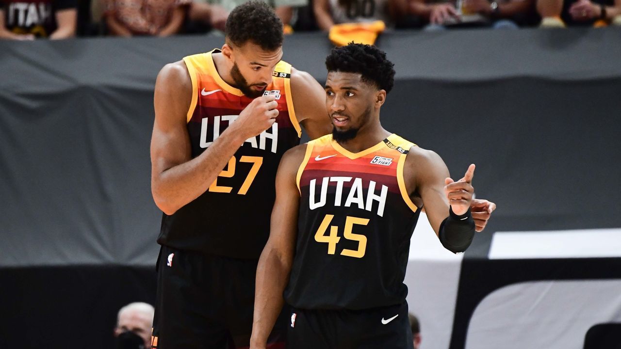 SALT LAKE CITY, UT - JUNE 10: Rudy Gobert #27 of the Utah Jazz talks to Donovan Mitchell #45 of the Utah Jazz during the game against the LA Clippers during Round 2, Game 2 of the 2021 NBA Playoffs on June 10, 2021 at vivint.SmartHome Arena in Salt Lake City, Utah. Mandatory Copyright Notice: Copyright 2021 NBAE