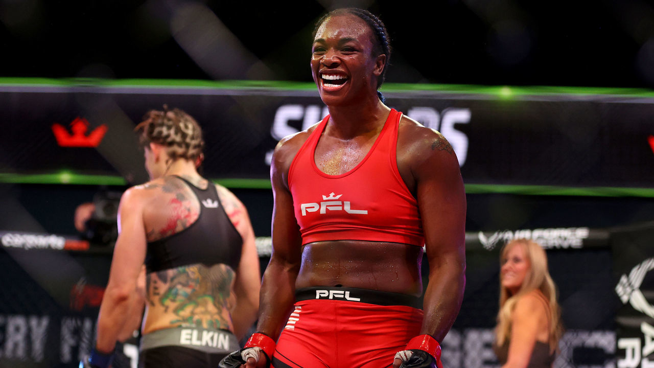 ATLANTIC CITY, NEW JERSEY - JUNE 10: Claressa Shields of the United States celebrates her win over Brittney Elkin of the United States during the lightweight bout in Ovation Hall at Ocean Casino Resort on June 10, 2021 in Atlantic City, New Jersey.
