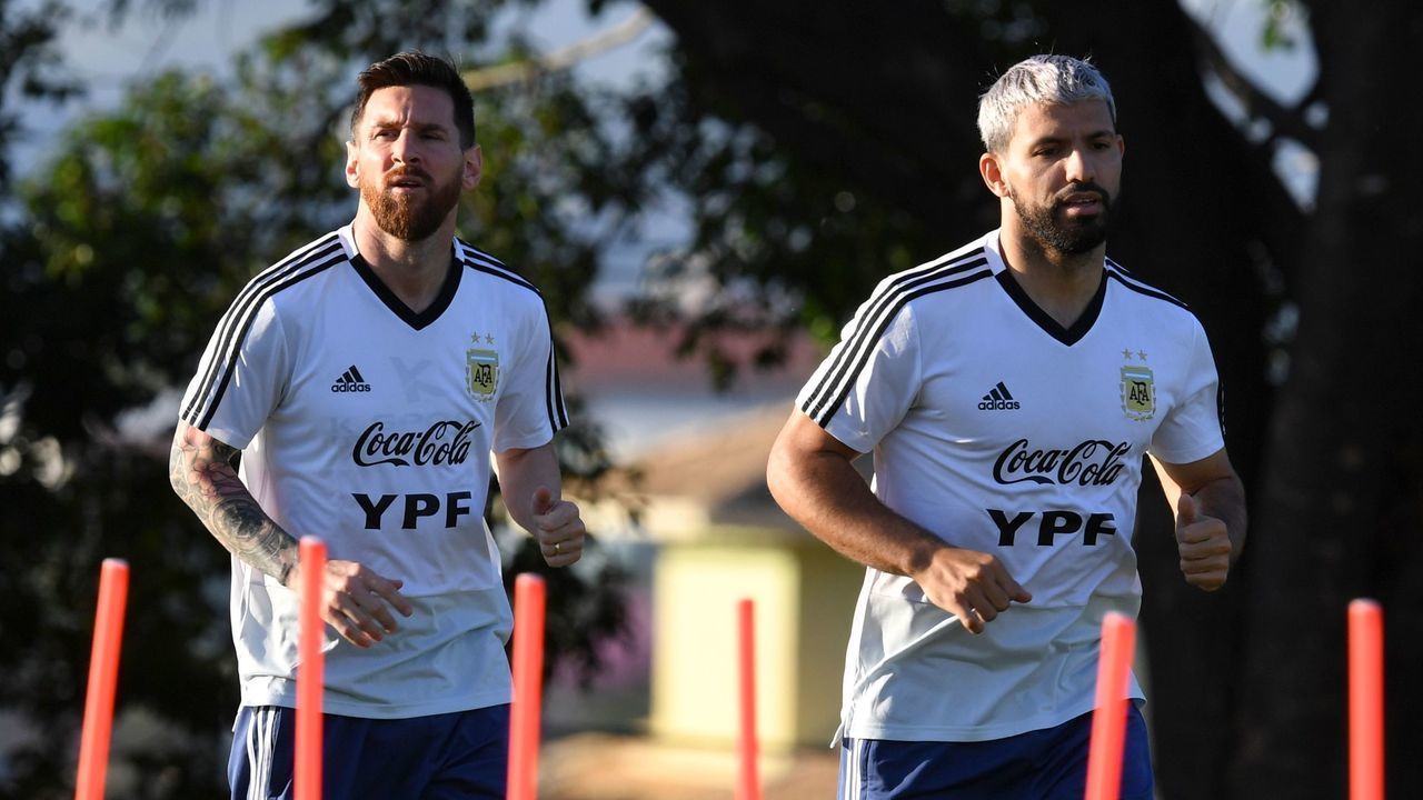 Argentina's Lionel Messi (L) and Argentina's Sergio Aguero train during a practice session in Belo Horizonte, Brazil, on July 1, 2019, on the eve of the Copa America tournament semi-final football match between Argentina and Brazil.