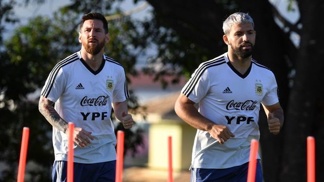 Argentina's Lionel Messi (L) and Argentina's Sergio Aguero train during a practice session in Belo Horizonte, Brazil, on July 1, 2019, on the eve of the Copa America tournament semi-final football match between Argentina and Brazil.