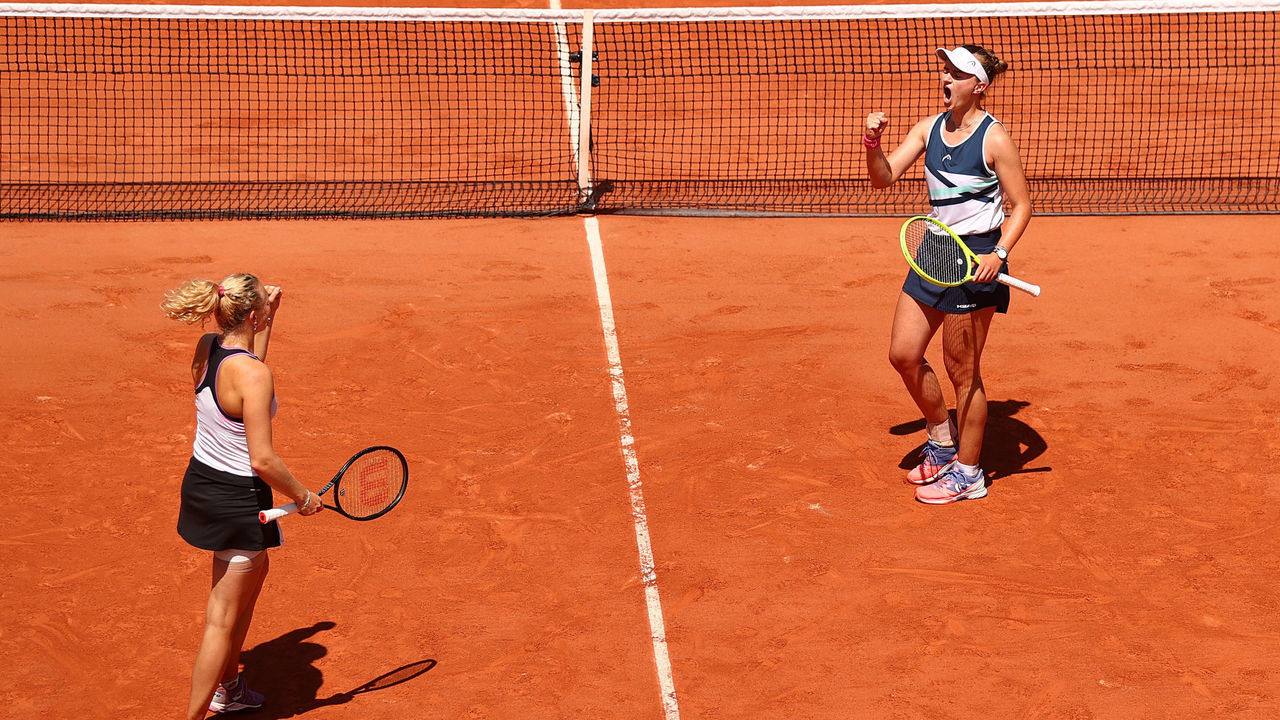 PARIS, FRANCE - JUNE 11: Barbora Krejcikova of Czech Republic (R) and Katerina Siniakova of Czech Republic celebrate during their Women’s Doubles Semi Final match against Magda Linette of Poland and Bernarda Pera of USA on day Thirteen of the 2021 French Open at Roland Garros on June 11, 2021 in Paris, France.