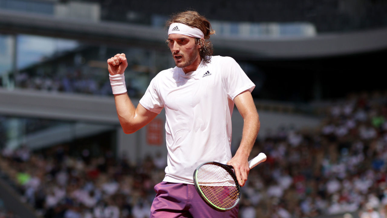 PARIS, FRANCE - JUNE 11: Stefanos Tsitsipas of Greece celebrates during his Men's Singles Semi Final match against Alexander Zverev of Germany on day Thirteen of the 2021 French Open at Roland Garros on June 11, 2021 in Paris, France.