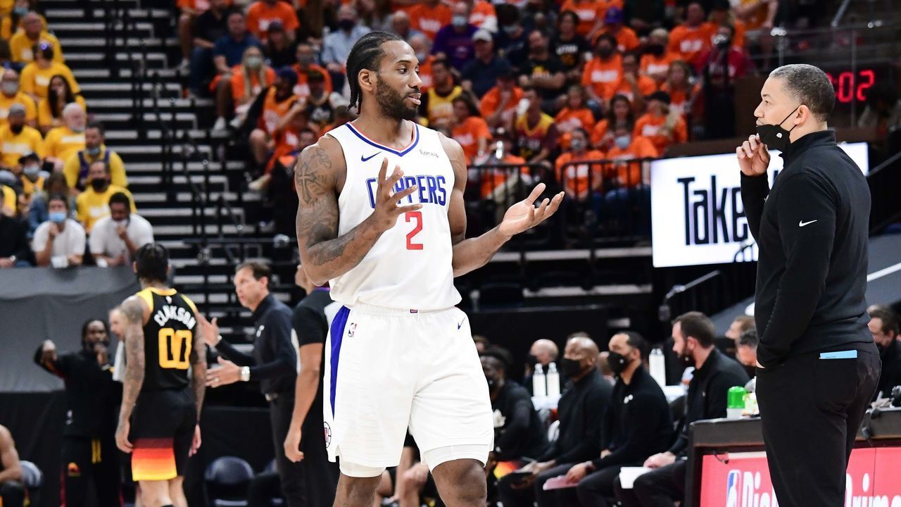 SALT LAKE CITY, UT - JUNE 10: Kawhi Leonard #2 of the LA Clippers talks to Head Coach Tyronn Lue of the Los Angeles Clippers during the game against the Utah Jazz during Round 2, Game 2 of the 2021 NBA Playoffs on June 10, 2021 at vivint.SmartHome Arena in Salt Lake City, Utah. Mandatory Copyright Notice: Copyright 2021 NBAE