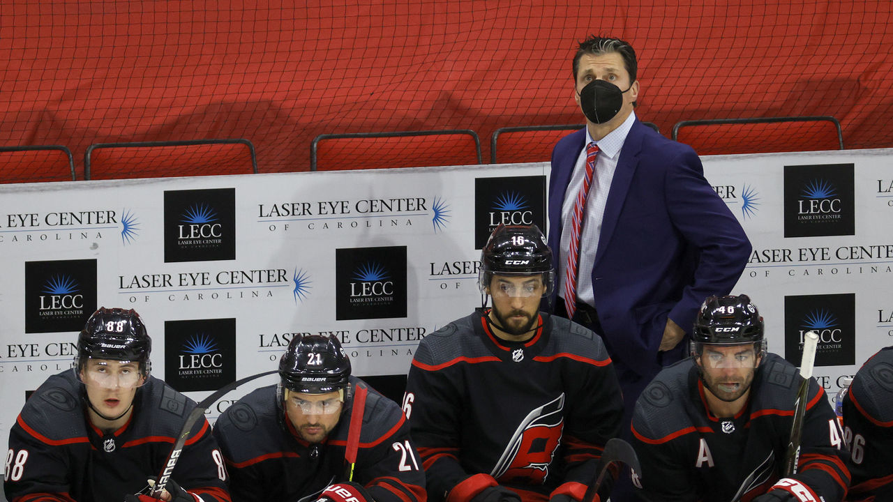 RALEIGH, NORTH CAROLINA - MARCH 04: Head coach Rod Brind'Amour of the Carolina Hurricanes looks on during the third period of their game against the Detroit Red Wings at PNC Arena on March 04, 2021 in Raleigh, North Carolina.