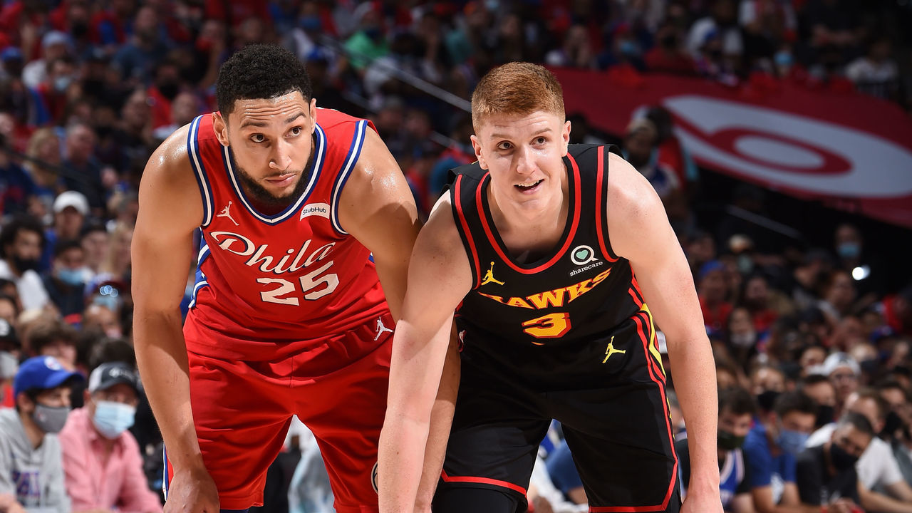 PHILADELPHIA, PA - JUNE 6: Ben Simmons #25 of the Philadelphia 76ers and Kevin Huerter #3 of the Atlanta Hawks look on during Round 2, Game 1 of the Eastern Conference Playoffs on June 6, 2021 at Wells Fargo Center in Philadelphia, Pennsylvania. NOTE TO USER: User expressly acknowledges and agrees that, by downloading and/or using this Photograph, user is consenting to the terms and conditions of the Getty Images License Agreement. Mandatory Copyright Notice: Copyright 2021 NBAE