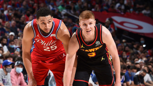 PHILADELPHIA, PA - JUNE 6: Ben Simmons #25 of the Philadelphia 76ers and Kevin Huerter #3 of the Atlanta Hawks look on during Round 2, Game 1 of the Eastern Conference Playoffs on June 6, 2021 at Wells Fargo Center in Philadelphia, Pennsylvania. NOTE TO USER: User expressly acknowledges and agrees that, by downloading and/or using this Photograph, user is consenting to the terms and conditions of the Getty Images License Agreement. Mandatory Copyright Notice: Copyright 2021 NBAE