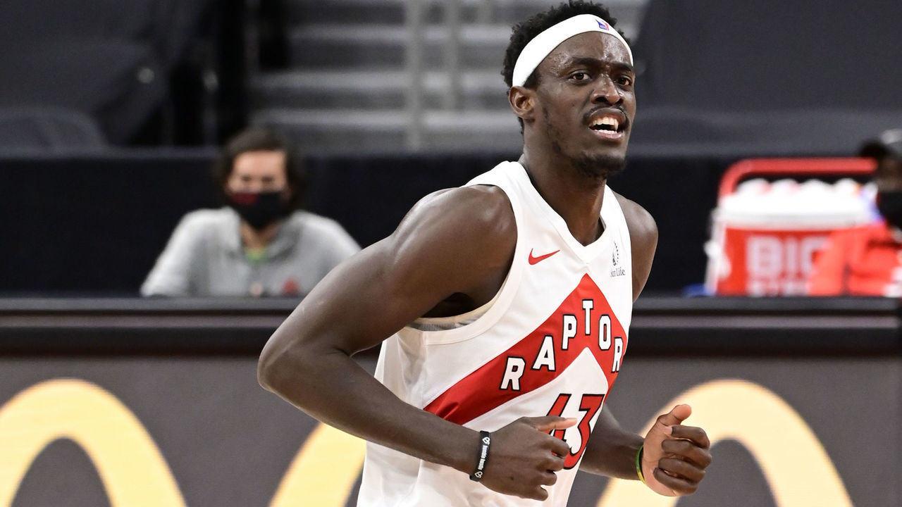 TAMPA, FLORIDA - JANUARY 31: Pascal Siakam #43 of the Toronto Raptors reacts during the third quarter against the Orlando Magic at Amalie Arena on January 31, 2021 in Tampa, Florida.