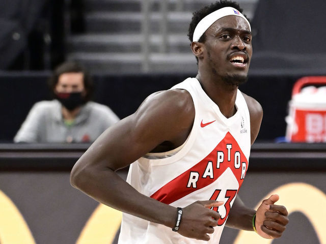 TAMPA, FLORIDA - JANUARY 31: Pascal Siakam #43 of the Toronto Raptors reacts during the third quarter against the Orlando Magic at Amalie Arena on January 31, 2021 in Tampa, Florida.
