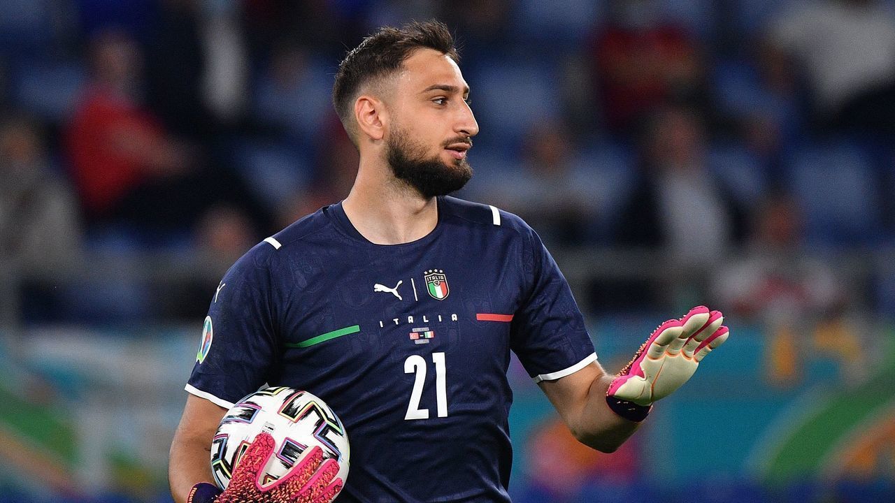 Italy's goalkeeper Gianluigi Donnarumma gestures during the UEFA EURO 2020 Group A football match between Turkey and Italy at the Olympic Stadium in Rome on June 11, 2021.