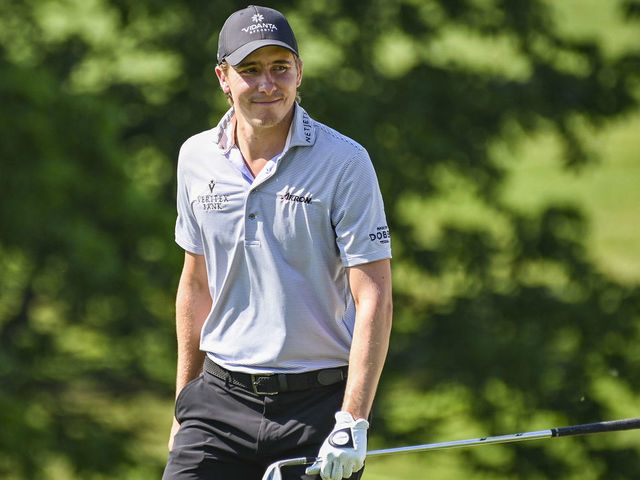 DUBLIN, OH - JUNE 04: Carlos Ortiz of Mexico smiles after hitting his third shot from a greenside bunker on the 18th hole during the second round of the Memorial Tournament presented by Nationwide at Muirfield Village Golf Club on June 4, 2021 in Dublin, Ohio.