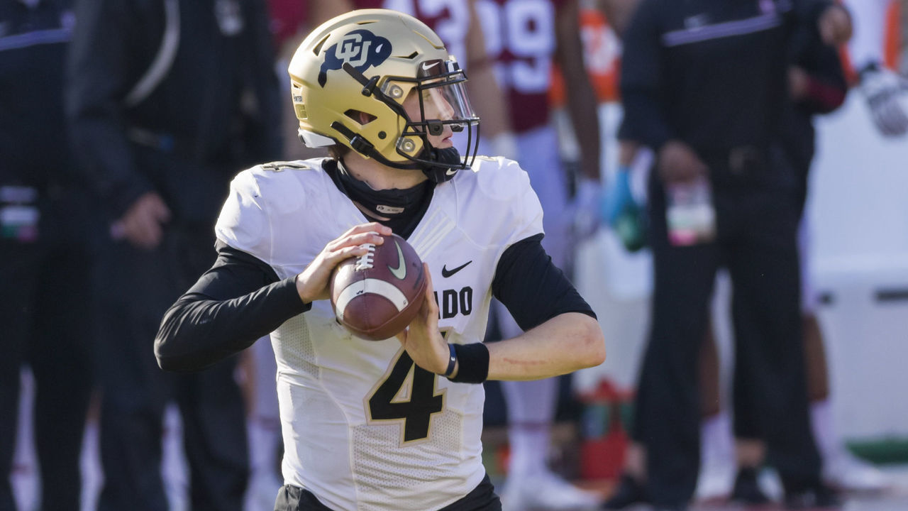 PALO ALTO, CA - NOVEMBER 14: Quarterback Sam Noyer #4 of the Colorado Buffaloes attempts a pass during a Pac-12 game against the Stanford Cardinal played on November 141, 2020 at Stanford Stadium in Palo Alto, California.