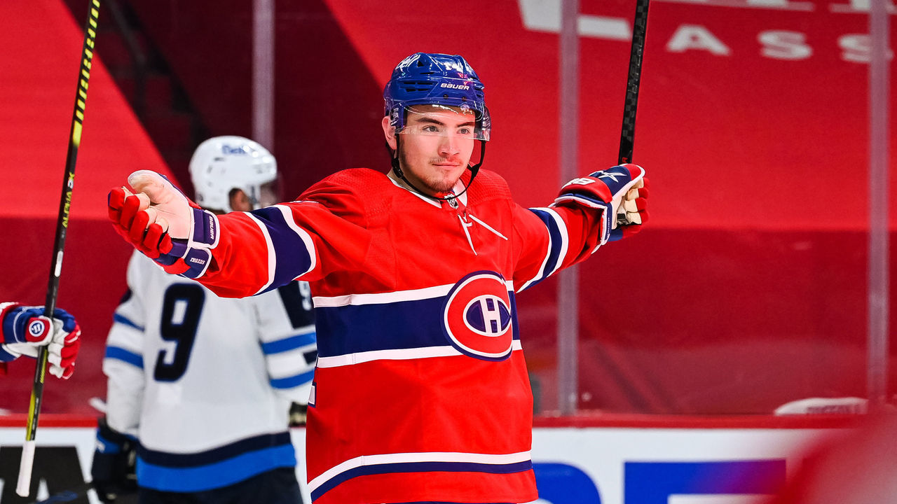 MONTREAL, QC - JUNE 06: Montreal Canadiens center Nick Suzuki (14) shows pride after scoring a goal during the NHL Stanley Cup Playoffs second round game 3 between the Winnipeg Jets versus the Montreal Canadiens on June 06, 2021, at Bell Centre in Montreal, QC