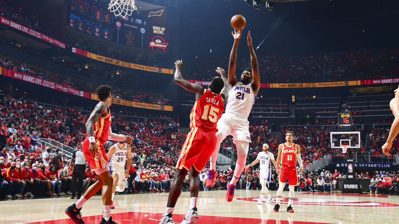 ATLANTA, GA - JUNE 11: Joel Embiid #21 of the Philadelphia 76ers shoots the ball during the game against the Atlanta Hawks during Round 2, Game 3 of the Eastern Conference Playoffs on June 11, 2021 at State Farm Arena in Atlanta, Georgia. NOTE TO USER: User expressly acknowledges and agrees that, by downloading and/or using this Photograph, user is consenting to the terms and conditions of the Getty Images License Agreement. Mandatory Copyright Notice: Copyright 2021 NBAE