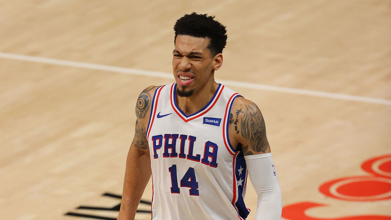 ATLANTA, GEORGIA - JUNE 11: Danny Green #14 of the Philadelphia 76ers reacts after an injury against the Atlanta Hawks during the first half of game 3 of the Eastern Conference Semifinals at State Farm Arena on June 11, 2021 in Atlanta, Georgia.