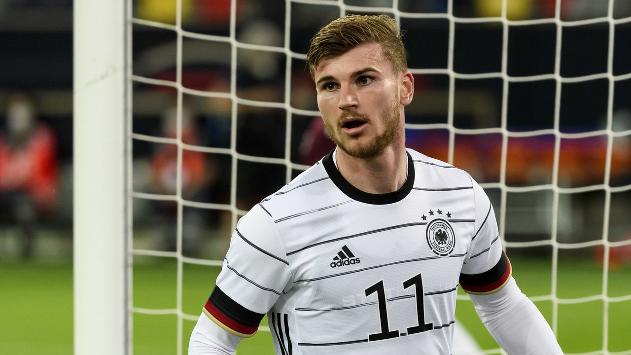 DUESSELDORF, GERMANY - JUNE 07: (BILD ZEITUNG OUT) Timo Werner of Germany looks on during the international friendly match between Germany and Latvia at Merkur Spiel-Arena on June 7, 2021 in Duesseldorf, Germany.