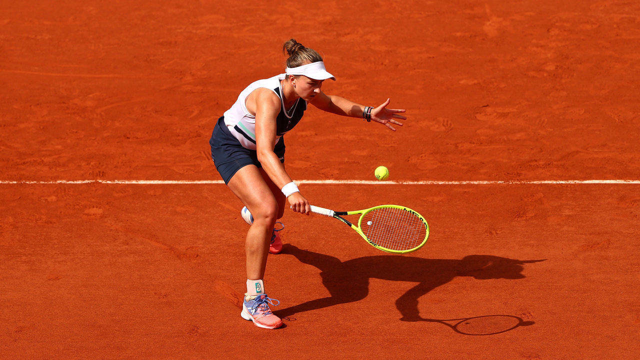PARIS, FRANCE - JUNE 12: Barbora Krejcikova of Czech Republic plays a backhand shot during the women's final on day fourteen of the 2021 French Open at Roland Garros on June 12, 2021 in Paris, France.
