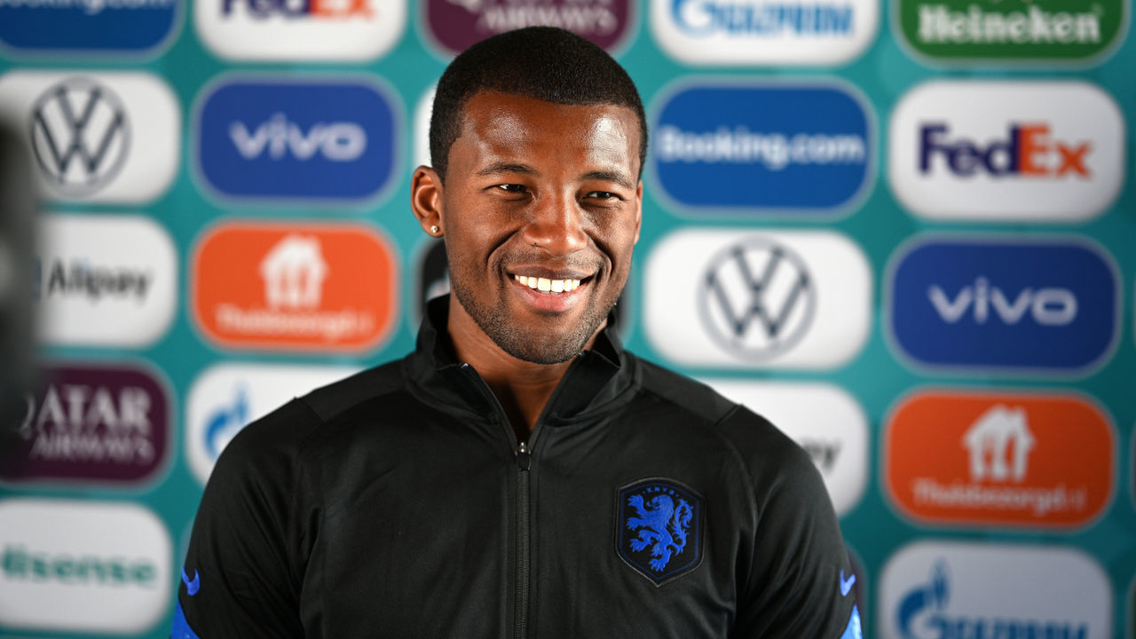 AMSTERDAM, NETHERLANDS - JUNE 12: In this Handout picture provided by UEFA, Georginio Wijnaldum of Netherlands reacts during the Netherlands Press Conference ahead of the Euro 2020 Group C match between Netherlands and Ukraine at Johan Cruijff Arena on June 12, 2021 in Amsterdam, Netherlands.