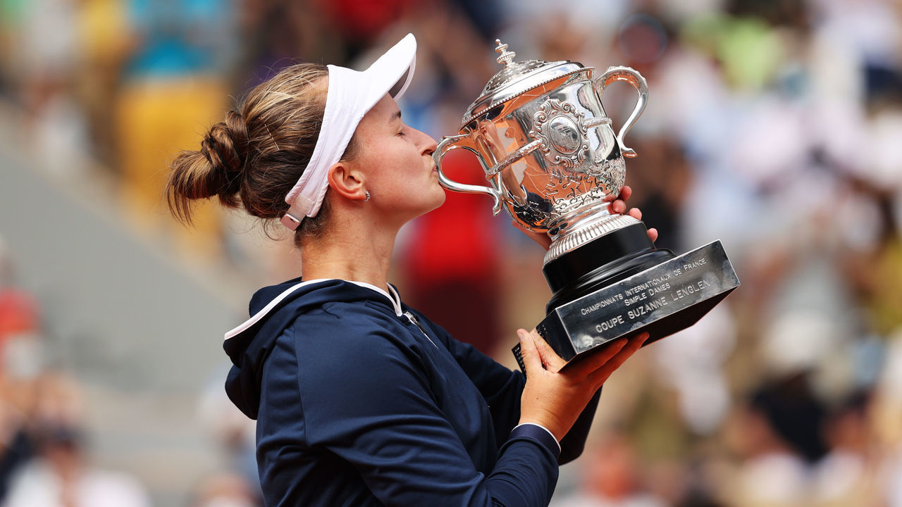 PARIS, FRANCE - JUNE 12: Match Winner Barbora Krejcikova of Czech Republic kisses the winners trophy after the Women’s final on day fourteen of the 2021 French Open at Roland Garros on June 12, 2021 in Paris, France.