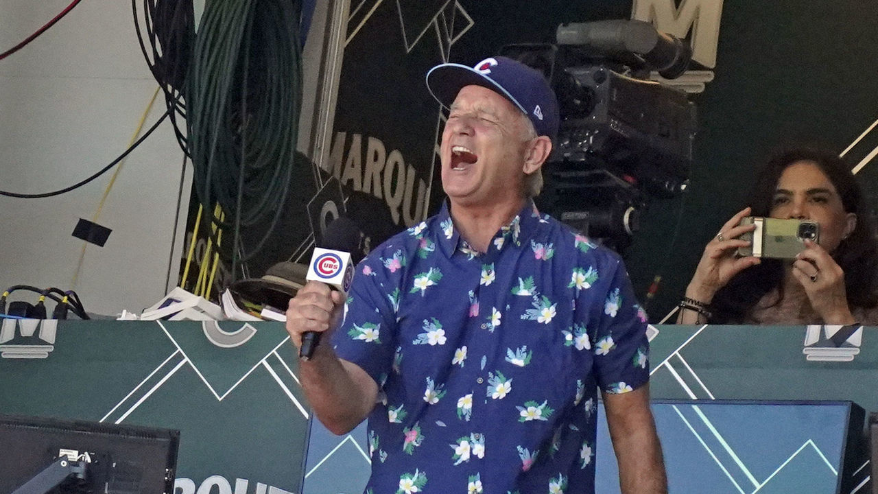 CHICAGO, ILLINOIS - JUNE 11: Actor Bill Murray sings "Take Me Out to the Ball Game" during the seventh inning of a game between the Chicago Cubs and the St. Louis Cardinals at Wrigley Field on June 11, 2021 in Chicago, Illinois.