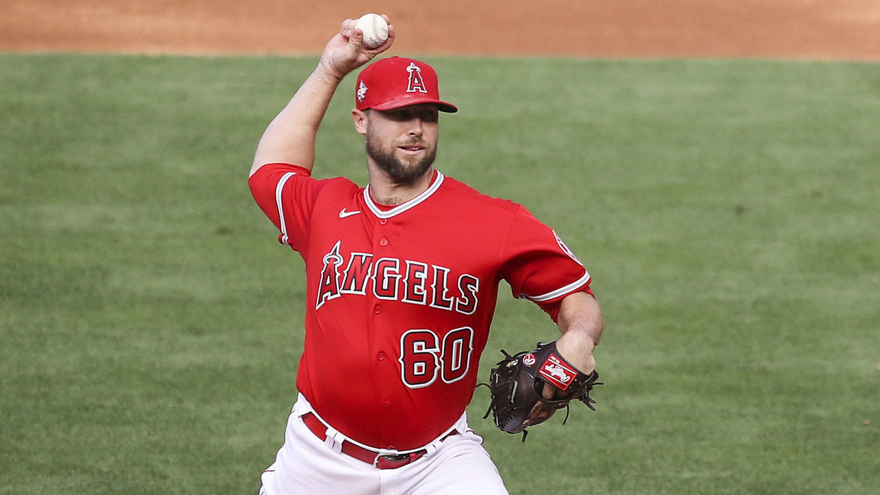 ANAHEIM, CALIFORNIA - MAY 20: Hunter Strickland #60 of the Los Angeles Angels pitches against the Minnesota Twins during game two of a doubleheader at Angel Stadium of Anaheim on May 20, 2021 in Anaheim, California.