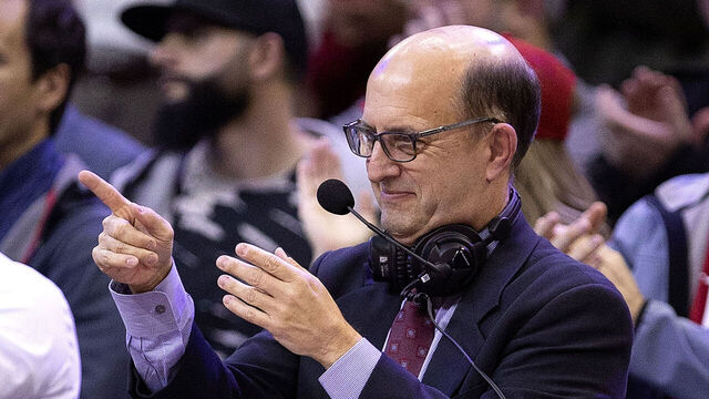 HOUSTON, TEXAS - NOVEMBER 13: ESPN television commentator and former Houston Rockets head coach Jeff Van Gundy at Toyota Center on November 13, 2019 in Houston, Texas. NOTE TO USER: User expressly acknowledges and agrees that, by downloading and/or using this photograph, user is consenting to the terms and conditions of the Getty Images License Agreement.