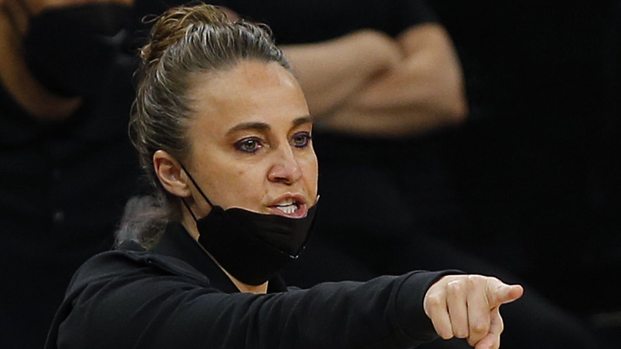 SAN ANTONIO, TX - MARCH 29: Becky Hammond gives instruction during game against the Sacramento Kings in the second half at AT&T Center on March 29, 2021 in San Antonio, Texas. Sacramento Kings defeated the San Antonio Spurs 132-115. NOTE TO USER: User expressly acknowledges and agrees that , by downloading and or using this photograph, User is consenting to the terms and conditions of the Getty Images License Agreement.