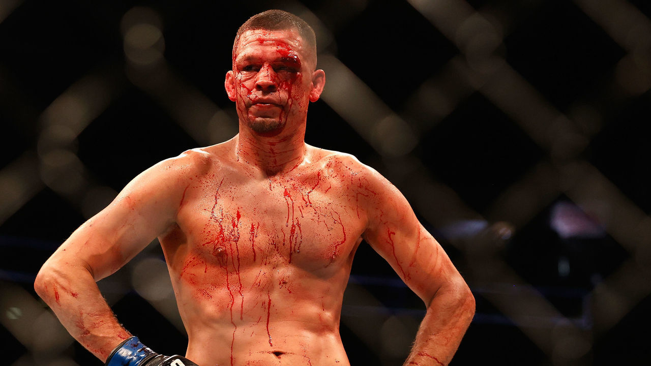 GLENDALE, ARIZONA - JUNE 12: Nate Diaz reacts during their UFC 263 welterweight match against Leon Edwards of Jamaica at Gila River Arena on June 12, 2021 in Glendale, Arizona.