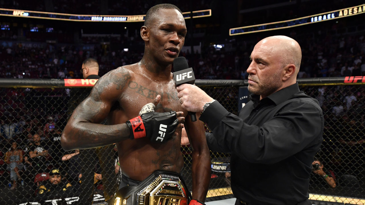 GLENDALE, ARIZONA - JUNE 12: Israel Adesanya of Nigeria reacts after his victory over Marvin Vettori of Italy in their UFC middleweight championship fight during the UFC 263 event at Gila River Arena on June 12, 2021 in Glendale, Arizona.