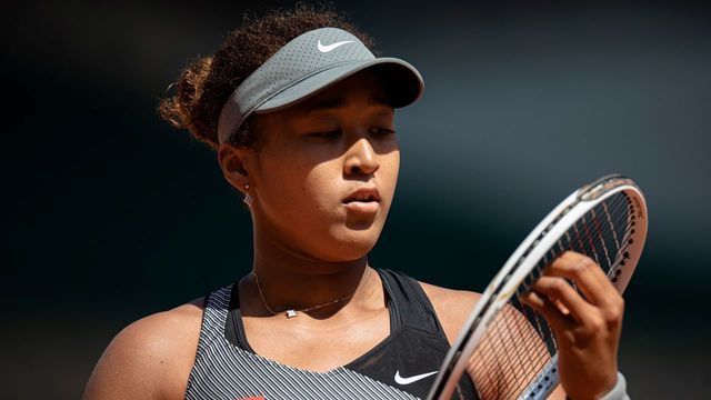 Osaka Naomi of Japan reacts during the women's singles first round match against Patricia Maria Tig of Romania at the French Open tennis tournament at Roland Garros in Paris, France, May 30, 2021.