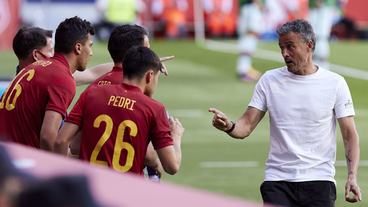 MADRID, SPAIN - JUNE 04: (BILD ZEITUNG OUT) head coach Luis Enrique Martinez of Spain speak during the international friendly match between Spain and Portugal at Estadio Metropolitano on June 4, 2021 in Madrid, Spain.