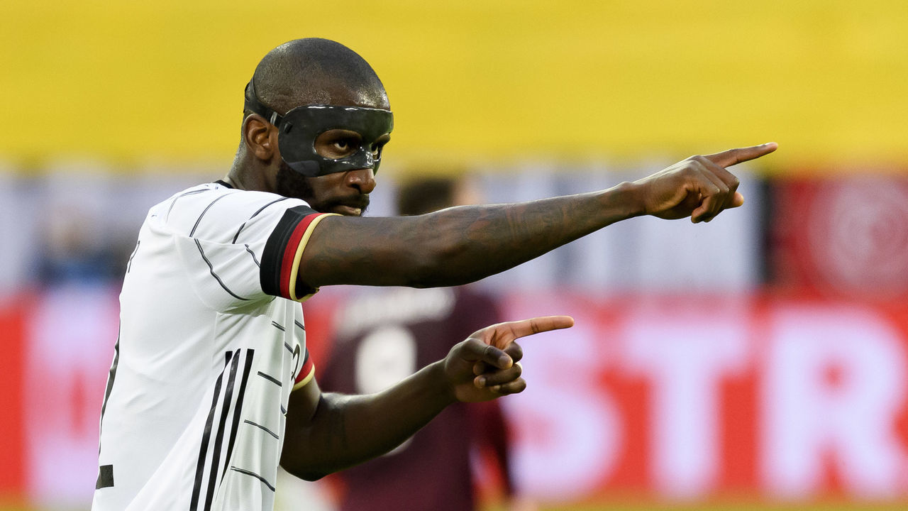 DUESSELDORF, GERMANY - JUNE 07: (BILD ZEITUNG OUT) Antonio Ruediger of Germany gestures during the international friendly match between Germany and Latvia at Merkur Spiel-Arena on June 7, 2021 in Duesseldorf, Germany.
