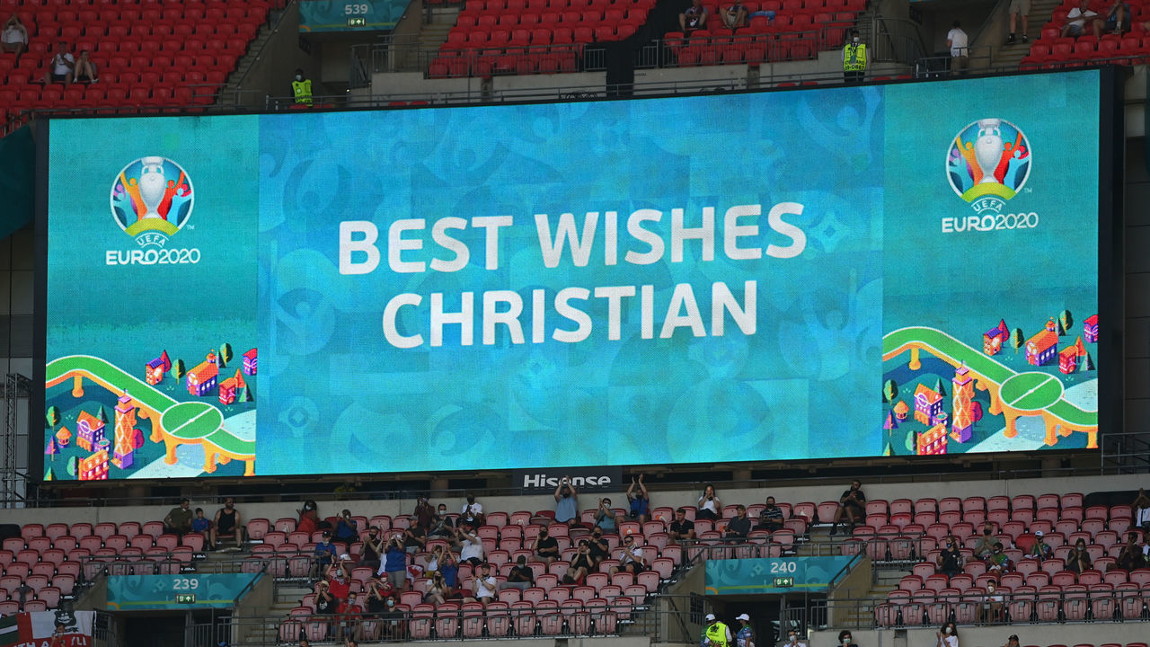 LONDON, ENGLAND - JUNE 13: A detailed view of the LED screen inside the stadium which shows a message of support for Christian Eriksen of Denmark (not pictured) prior to the UEFA Euro 2020 Championship Group D match between England and Croatia at Wembley Stadium on June 13, 2021 in London, England.