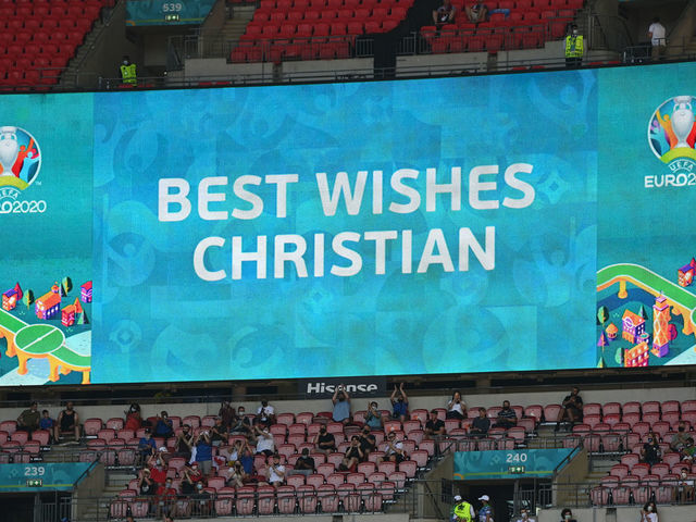 LONDON, ENGLAND - JUNE 13: A detailed view of the LED screen inside the stadium which shows a message of support for Christian Eriksen of Denmark (not pictured) prior to the UEFA Euro 2020 Championship Group D match between England and Croatia at Wembley Stadium on June 13, 2021 in London, England.