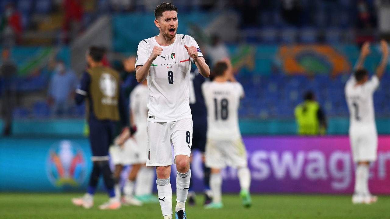 ROME, ITALY - JUNE 11: Jorginho of Italy celebrates after victory in the UEFA Euro 2020 Championship Group A match between Turkey and Italy at the Stadio Olimpico on June 11, 2021 in Rome, Italy.