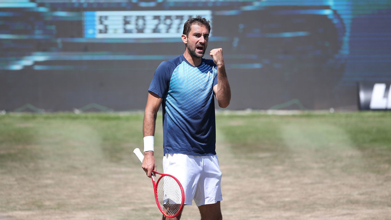 STUTTGART, GERMANY - JUNE 13: Marin Cilic of Croatia celebrates during the final of MercedesCup against Felix Auger-Aliassime of Canada during day 7 of the MercedesCup at Tennisclub Weissenhof on June 13, 2021 in Stuttgart, Germany.