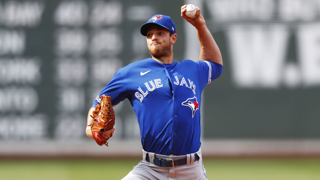 BOSTON, MASSACHUSETTS - JUNE 12: Starting pitcher Steven Matz #22 of the Toronto Blue Jays pitches in the bottom of the first inning of the game against the Boston Red Sox at Fenway Park on June 12, 2021 in Boston, Massachusetts.