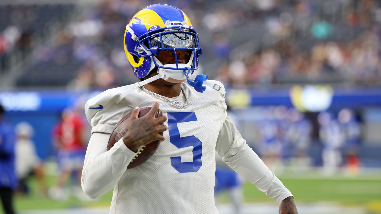 INGLEWOOD, CALIFORNIA - JUNE 10: Jalen Ramsey #5 of the Los Angeles Rams catches the ball during open practice at SoFi Stadium on June 10, 2021 in Inglewood, California.